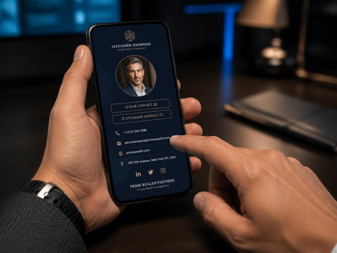 Person tapping a premium digital business card on a smartphone to save a contact